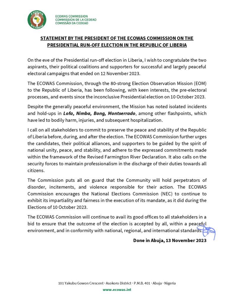 Statement by the president of the ECOWAS commission on the presidential run-off election in the republic of Liberia