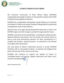 ECOWAS congratulates the Republic of Liberia