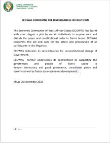 ECOWAS condemns the disturbances in Freetown