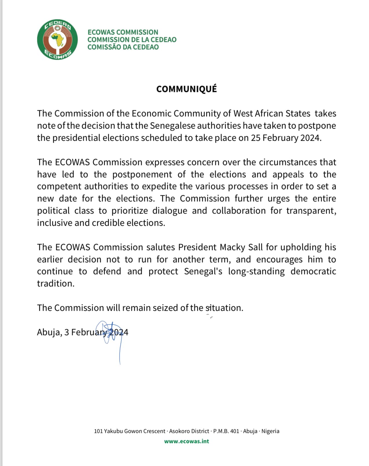 ECOWAS Communiqué on Senegal  Economic Community of West African