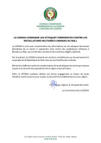 Mali : la CEDEAO condamne les attaques terroristes contre les installations militaires à Bamako